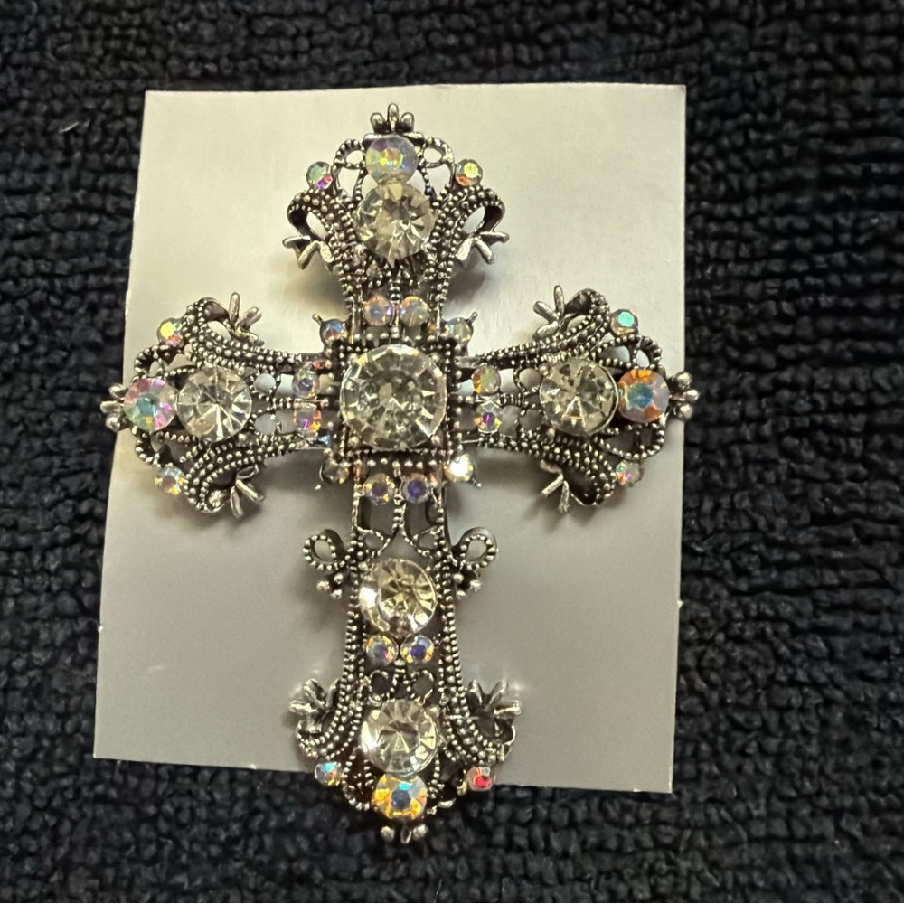 Sparkling Silver Cross Brooch with Crystals